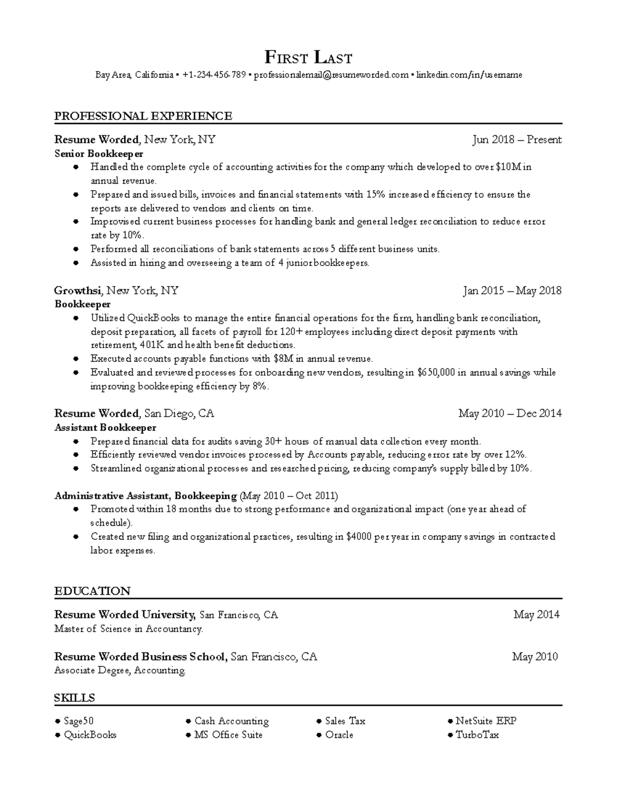 3. Senior Bookkeeper - Yes - FIRST LAST Bay Area, California • +1-234 ...