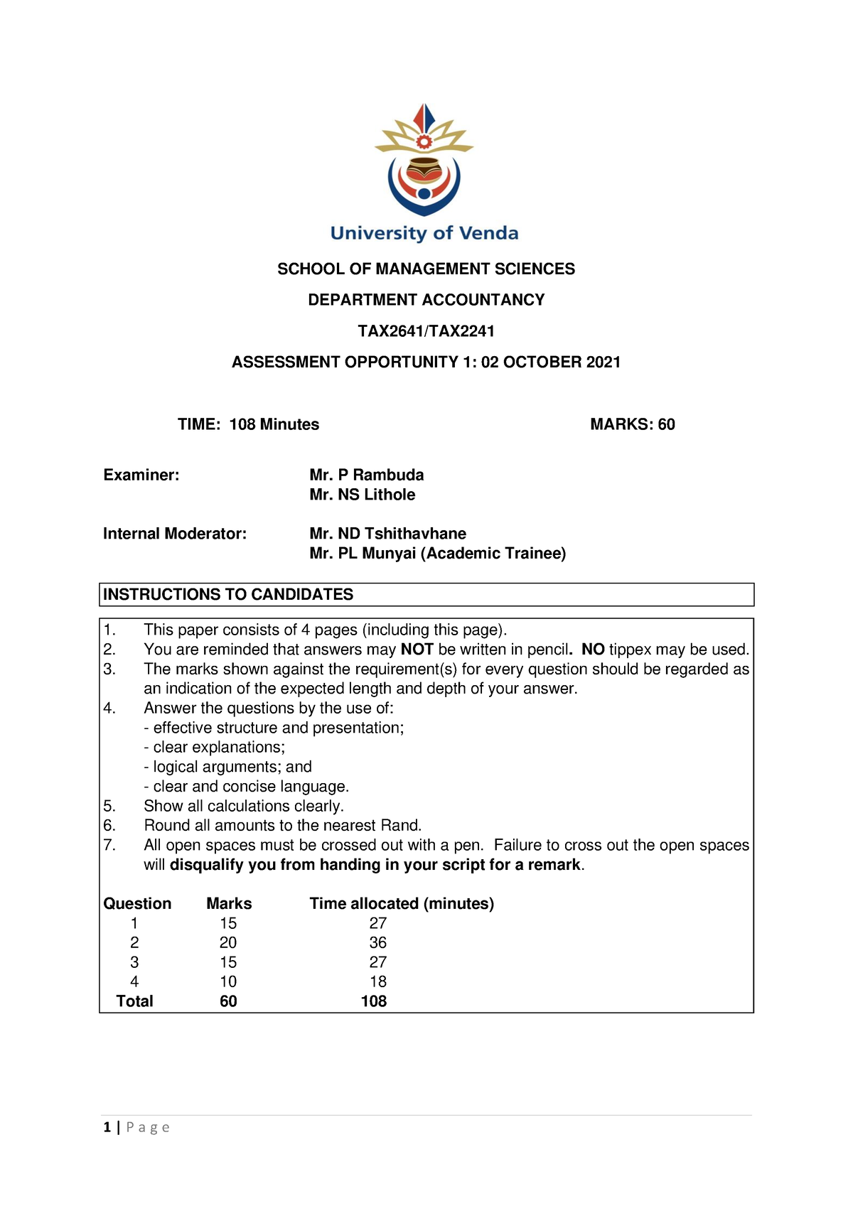 2021 TAX2641 Test 1 - Practice - SCHOOL OF MANAGEMENT SCIENCES ...