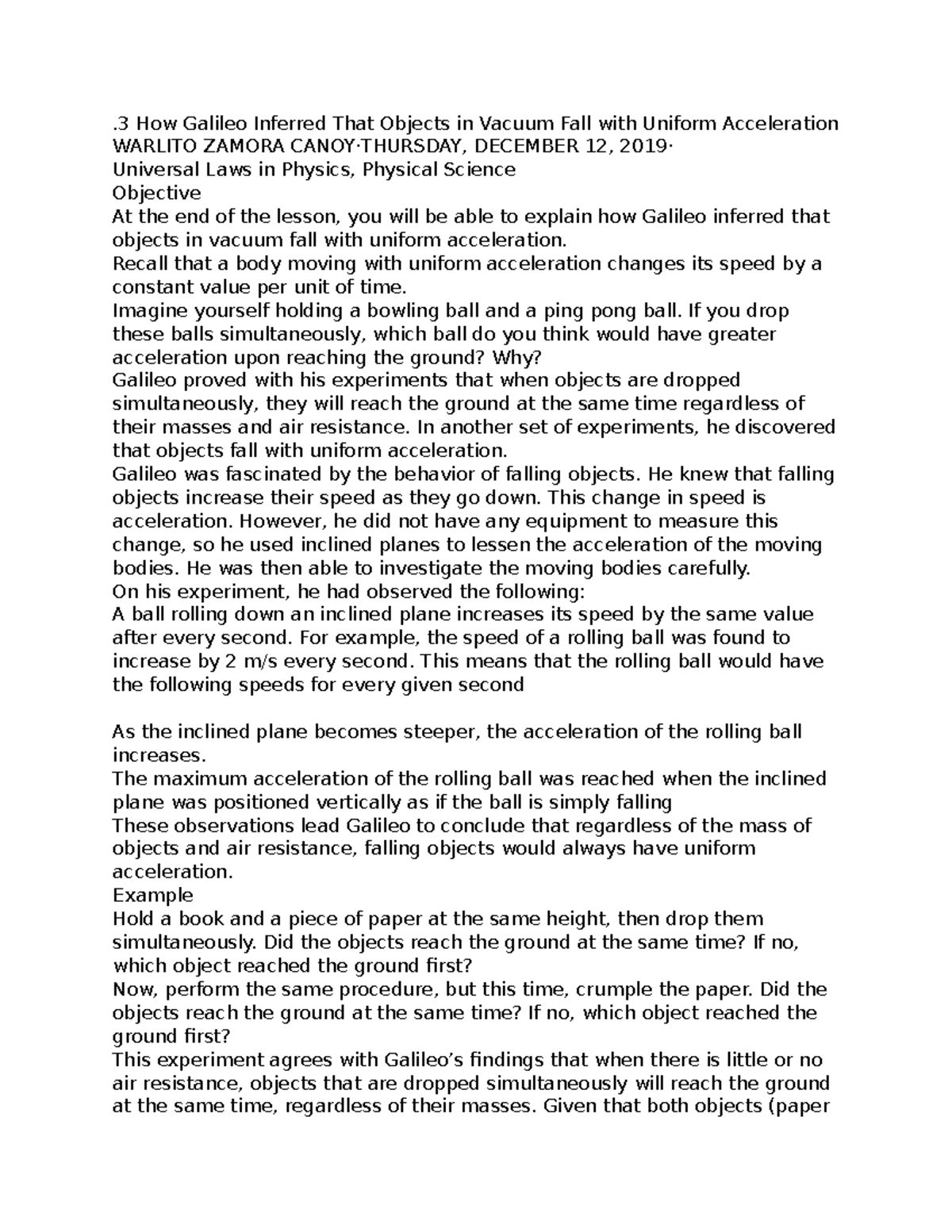 3 How Galileo Inferred That Objects in Vacuum Fall with Uniform