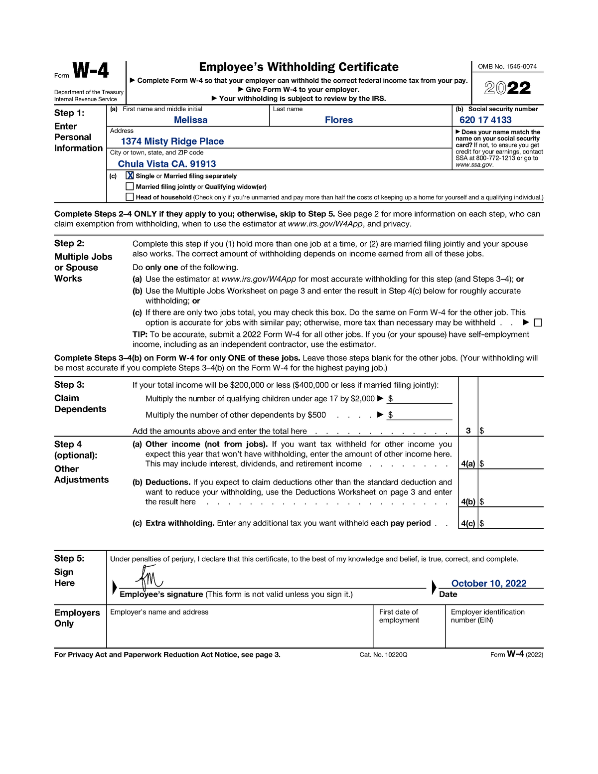 W4 IRS Form W Department of the Treasury Internal Revenue Service