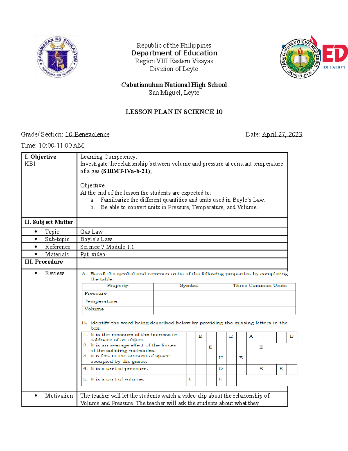 Lesson Plan in Science 10 - Republic of the Philippines Department of ...