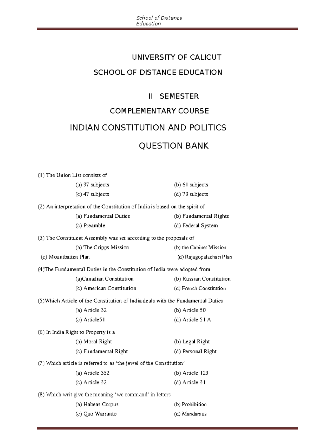 200 Mcqs IC. Pdf - MCQs Constitutional Law - School Of Distance ...