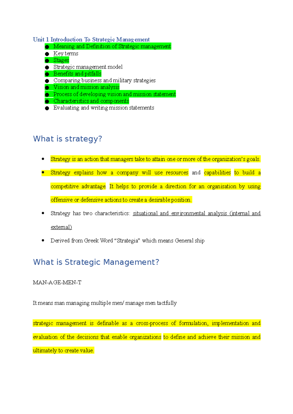 Unit 1 Introduction To Strategic Management - Unit 1 Introduction To ...