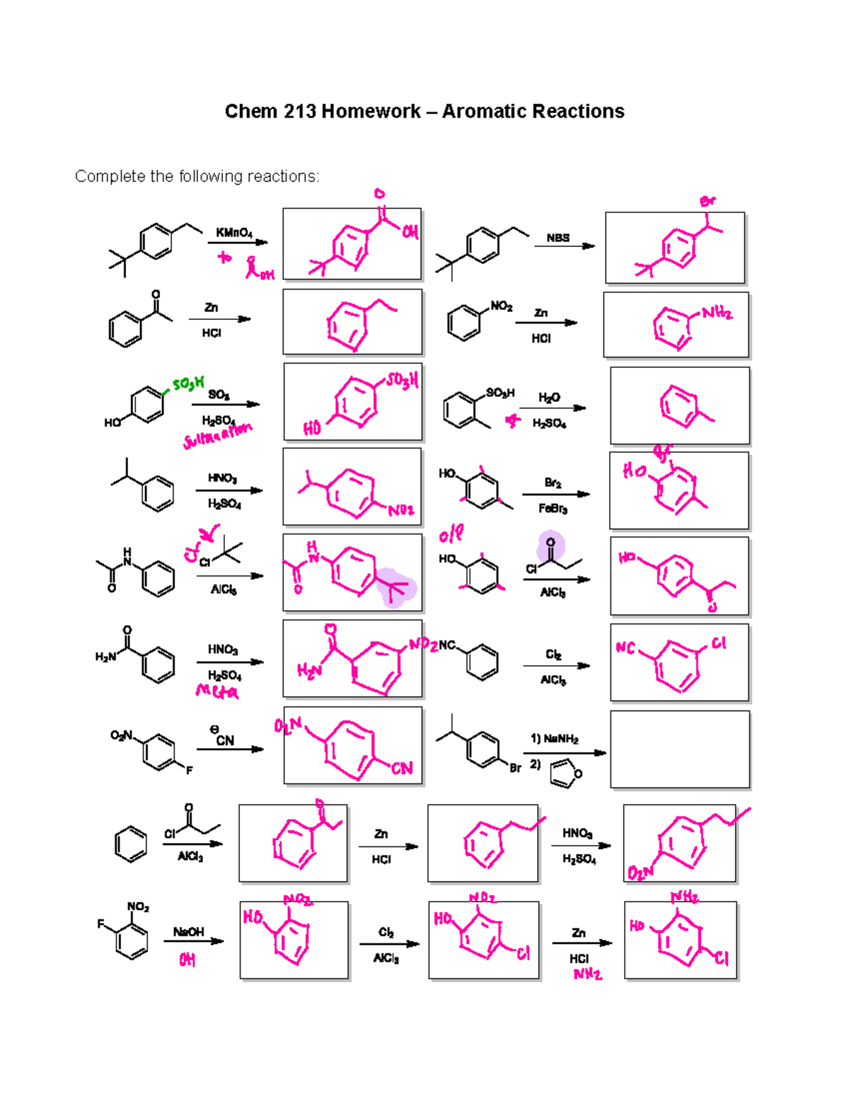 Aromatic Rxns 2 Helpful Chem 213 Homework Aromatic Reactions Complete The Following 6414