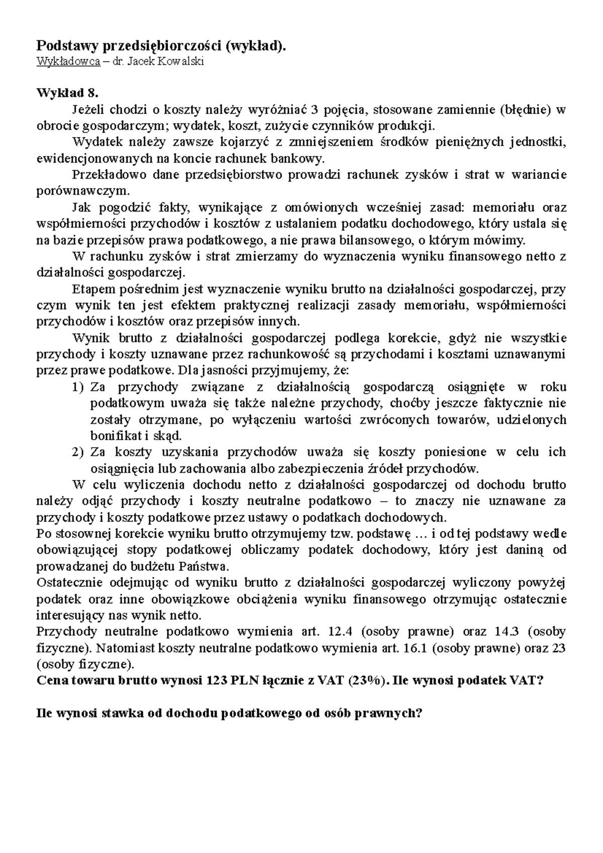 Podstawy przedsiębiorczości - Podstawy przedsiębiorczości (wykład