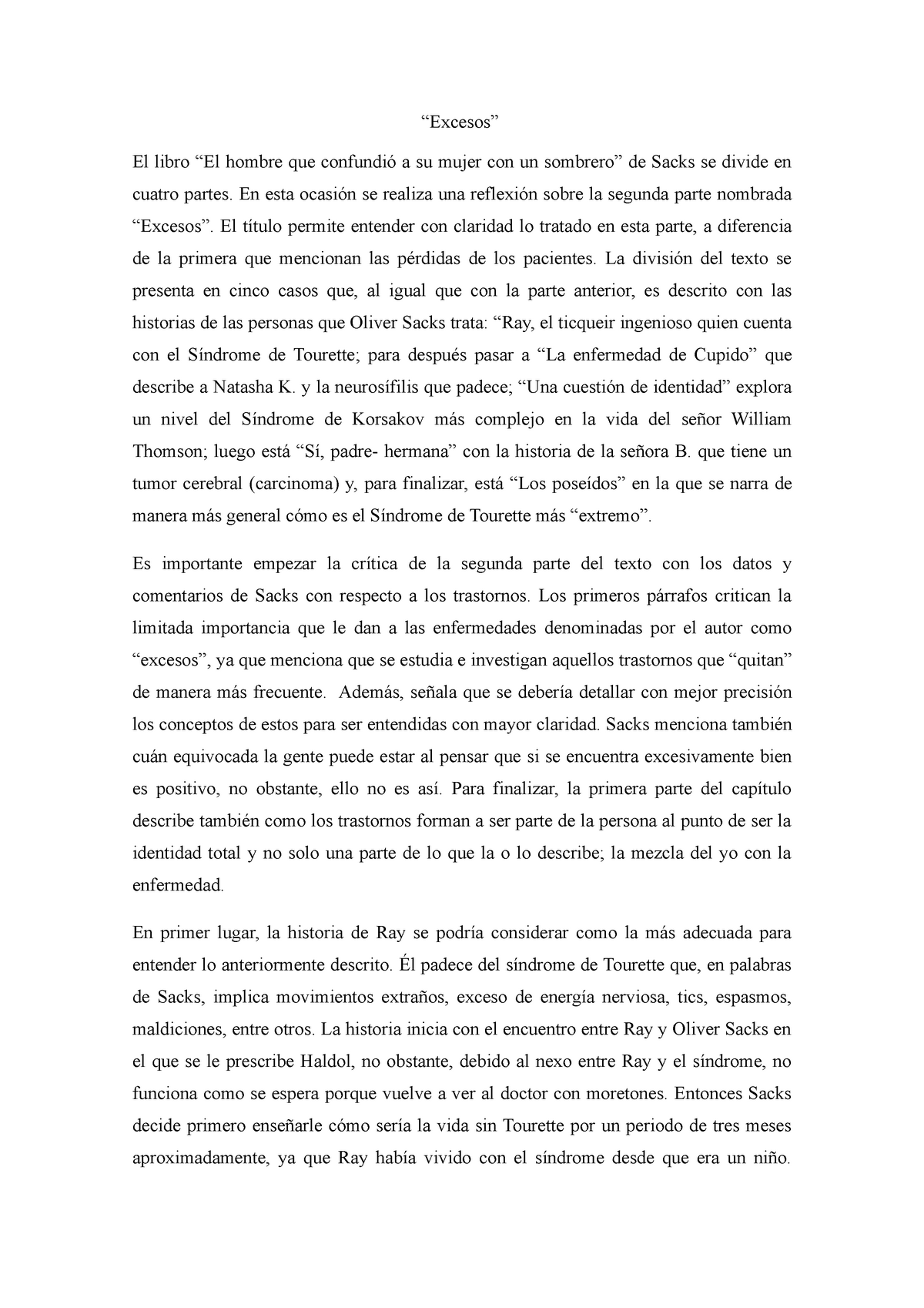 RESUMEN Y ANÁLISIS, El hombre que confundió a su mujer con un sombrero by  S. Haraldsen