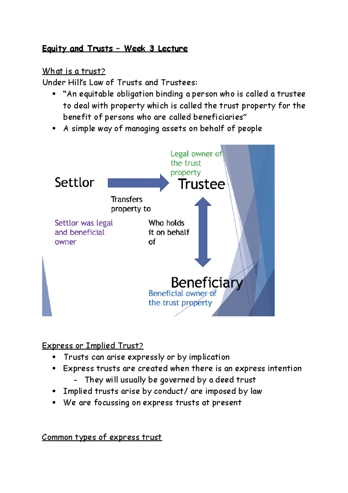 Week 3 Lecture - Equity and Trusts – Week 3 Lecture What is a trust ...