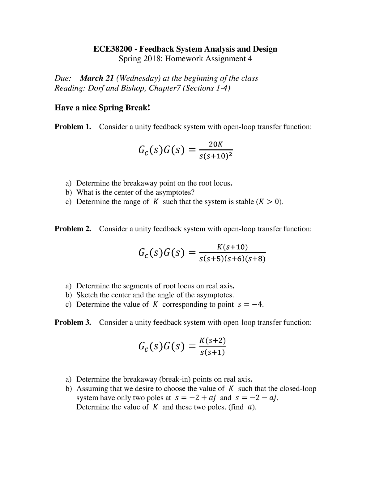 Hw4 Spring 2018 Hw4 Ece 38200 Feedback System Analysis