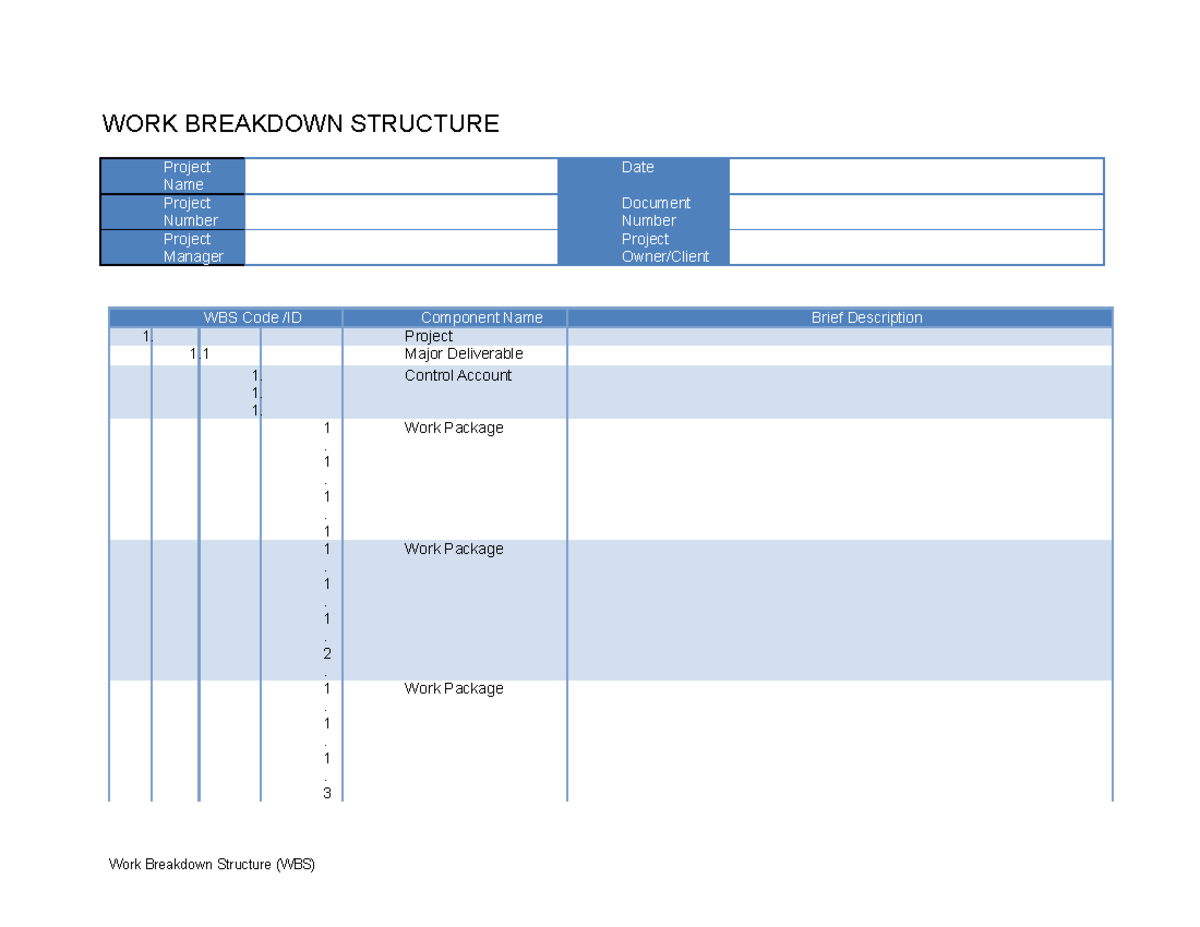 Work Breakdown Structure Template WORK BREAKDOWN STRUCTURE Project