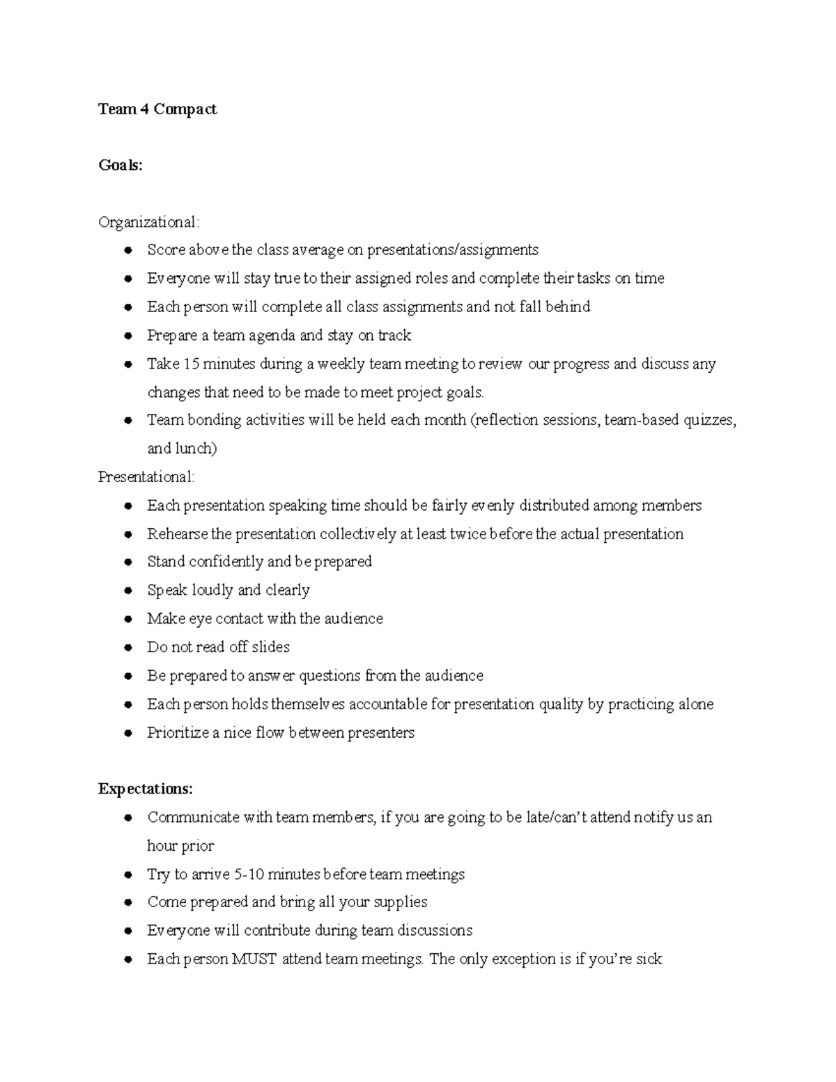 Team 4 Compact - Team 4 Compact Goals: Organizational: Score above the ...