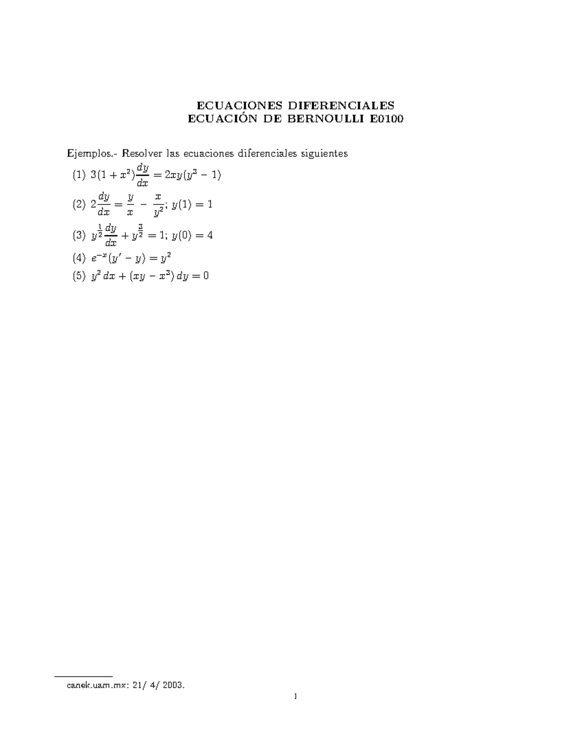 Ejercicios Resueltos Ecuaciones Diferenciales Ecuacion De Bernoulli