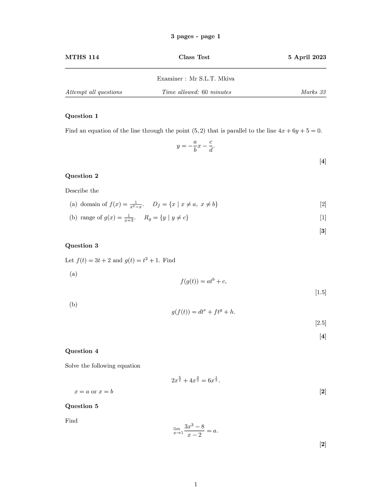 Class Test Mths 114 2023 - 3 Pages - Page 1 Mths 114 Class Test 5 April 