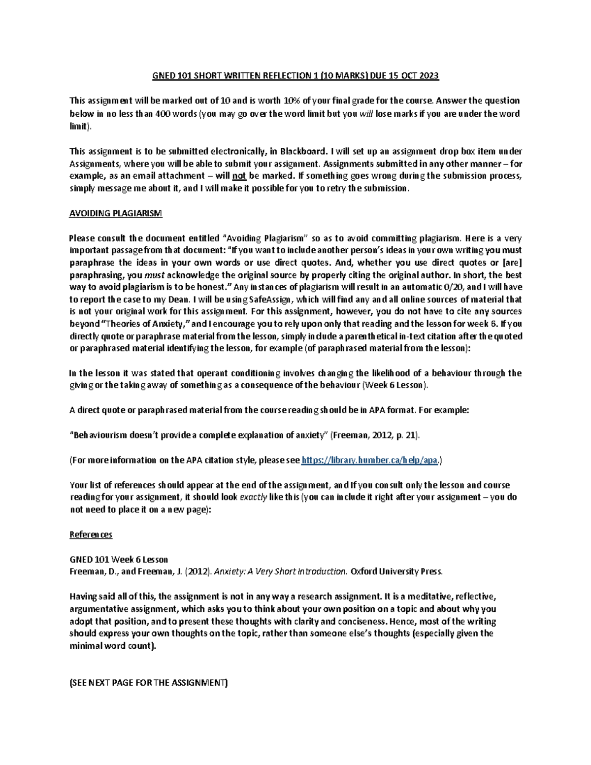 GNED 101 FALL 2023 Written Reflection 1 - GNED 101 SHORT WRITTEN ...