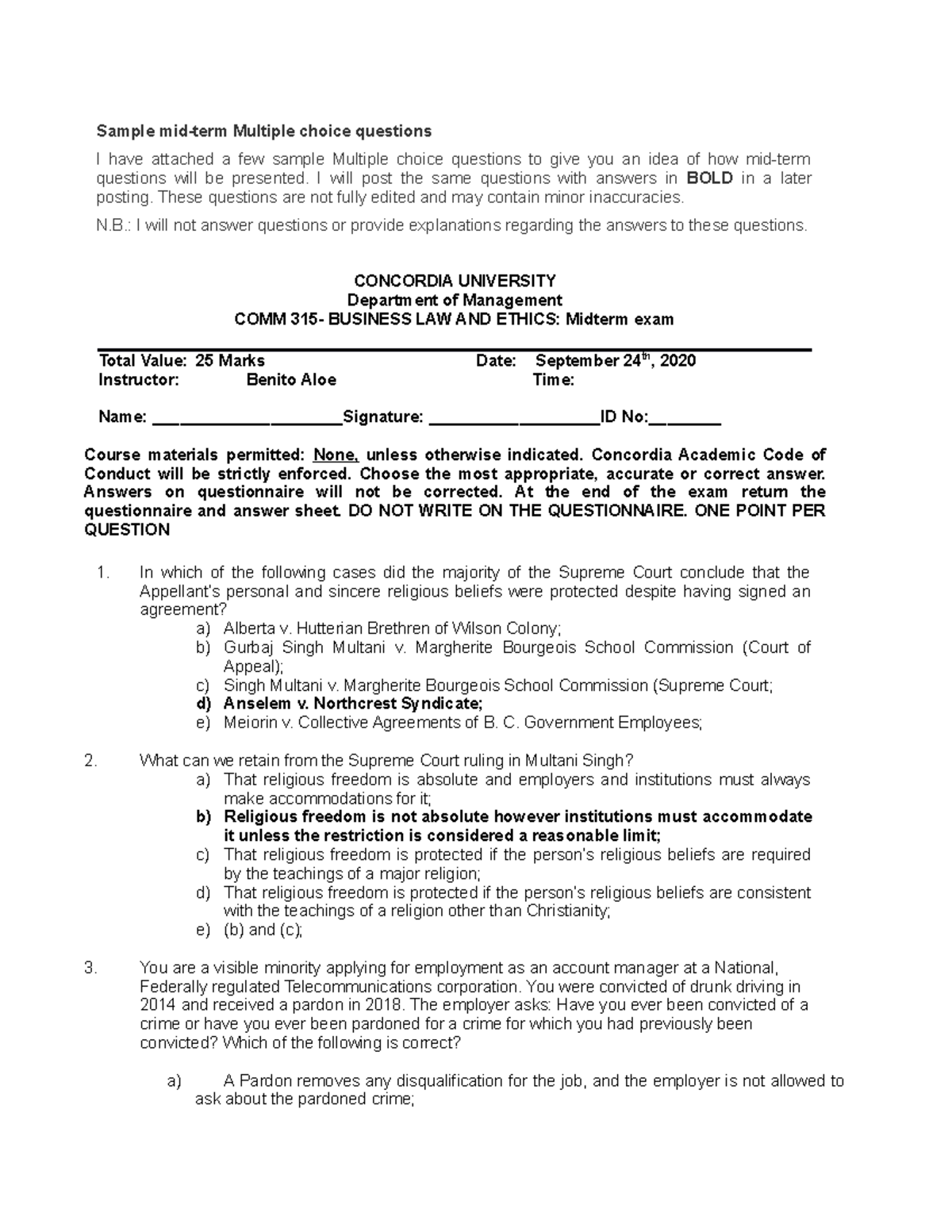 Sample Multiple Choice 2020 1 - Sample mid-term Multiple choice ...