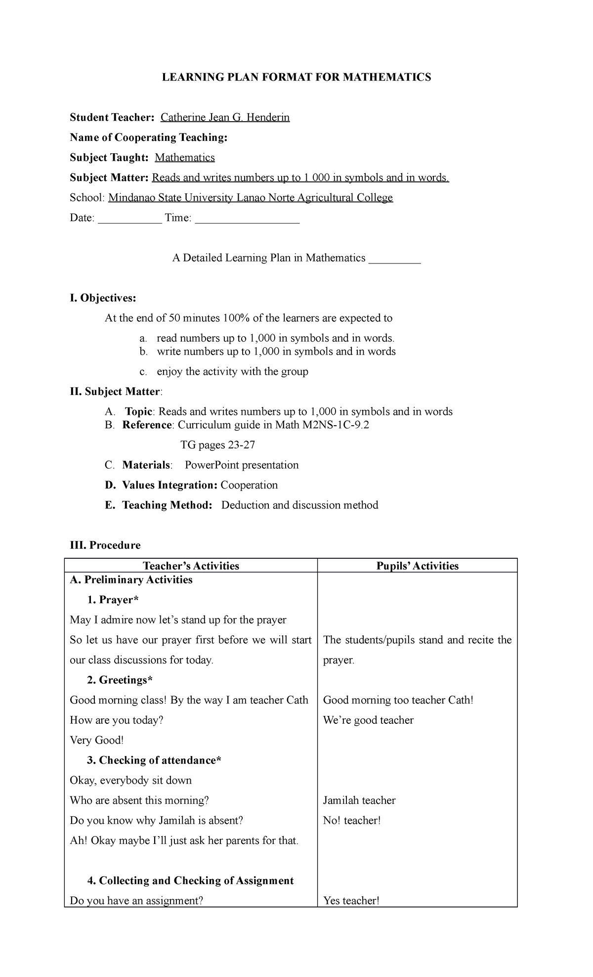 Final LP MATH - Lesson Plan - LEARNING PLAN FORMAT FOR MATHEMATICS ...