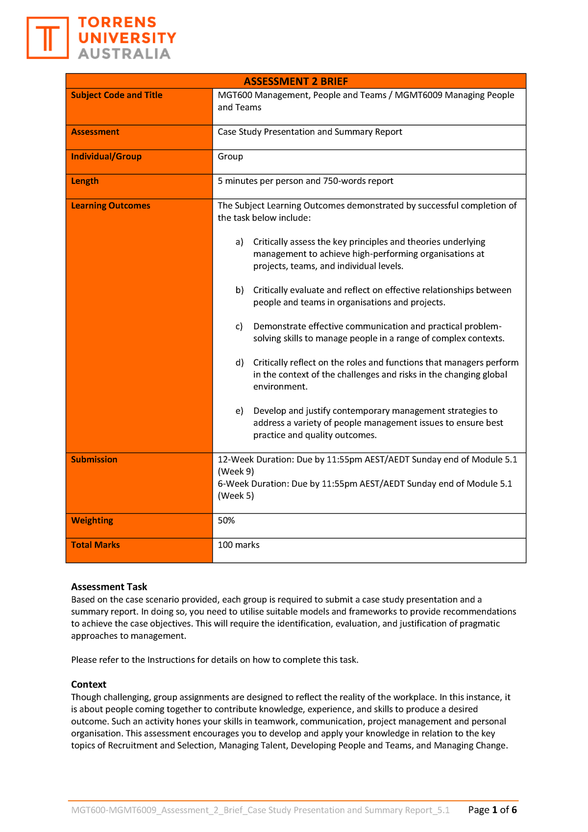 MGT600-MGMT6009 Assessment 2 Brief Case Study 5 - Torrens University ...