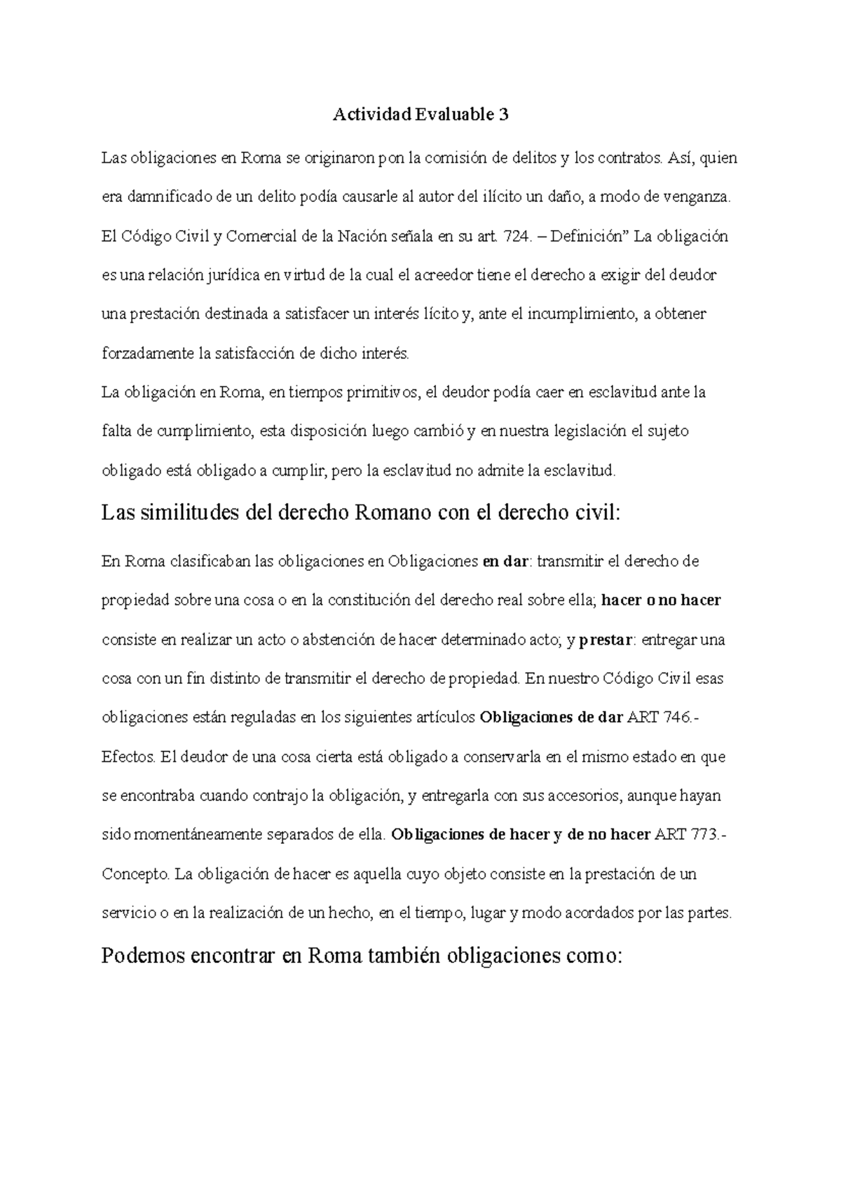 Romano ev 3 - Actividad Evaluable 3 Las obligaciones en Roma se ...