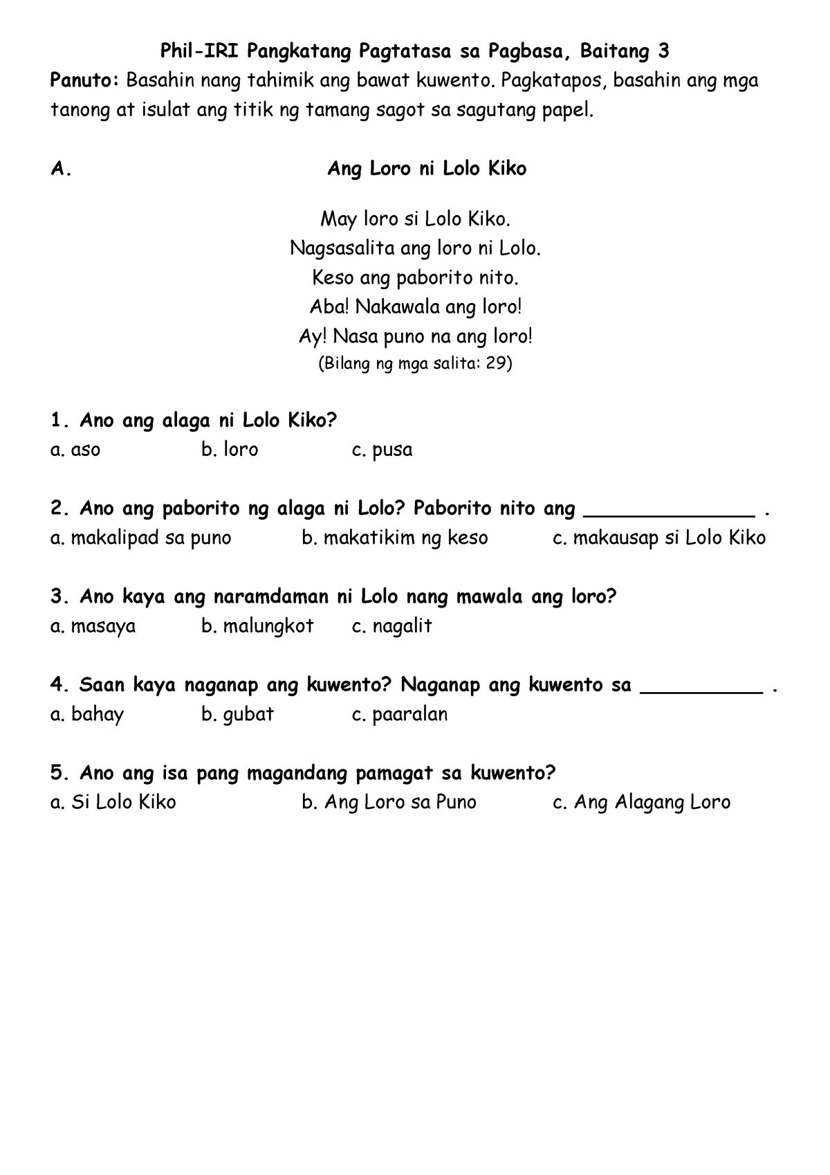 Phil-IRI Baitang 3-Pangkatang Pagtatasa Sa Pagbasa - Phil-IRI ...