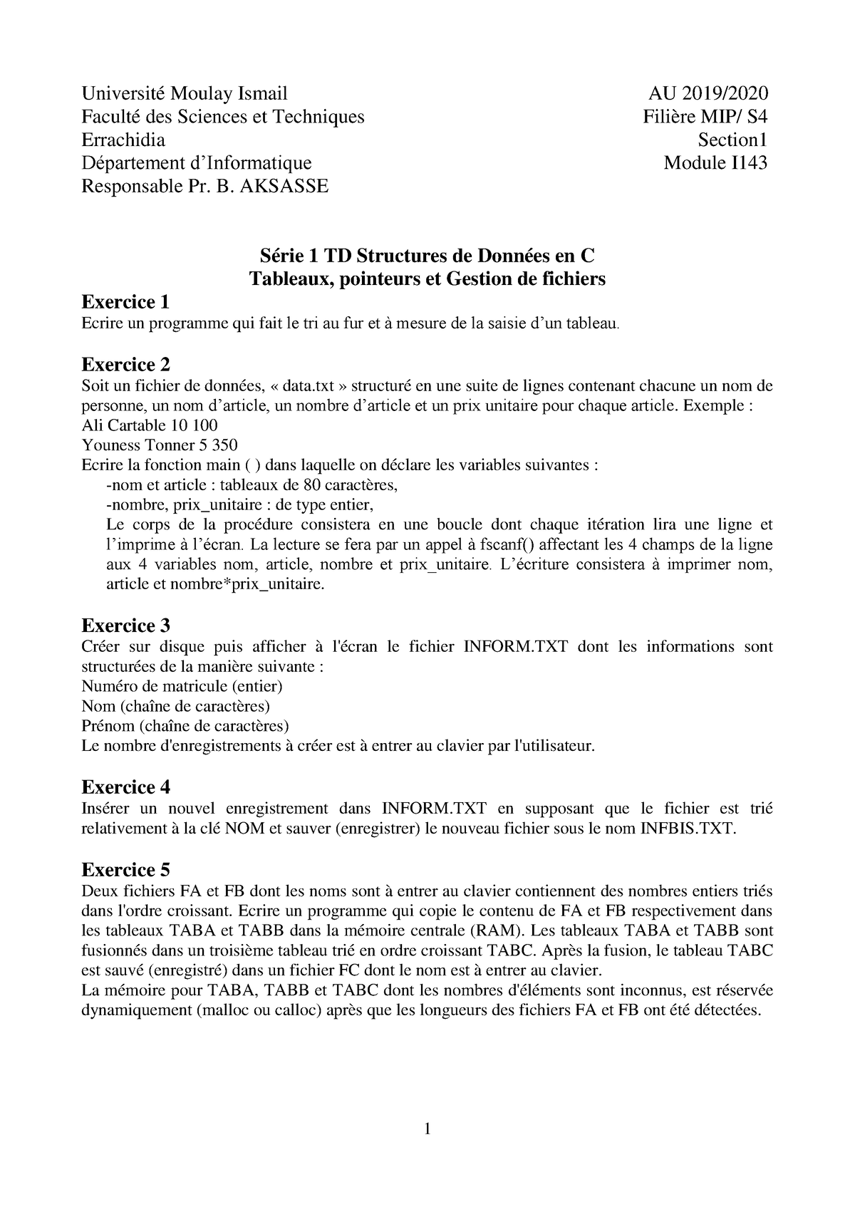 Série 1 TD Structures De Données En C Tableaux, Pointeurs Et Gestion De ...