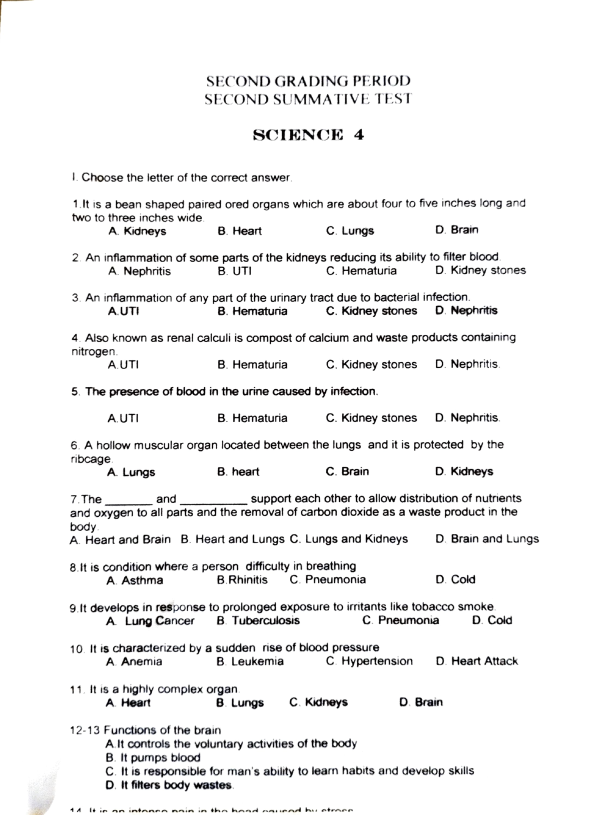 Science Smmutve - Summative Test - SECOND GRADING PERIOD SECOND ...