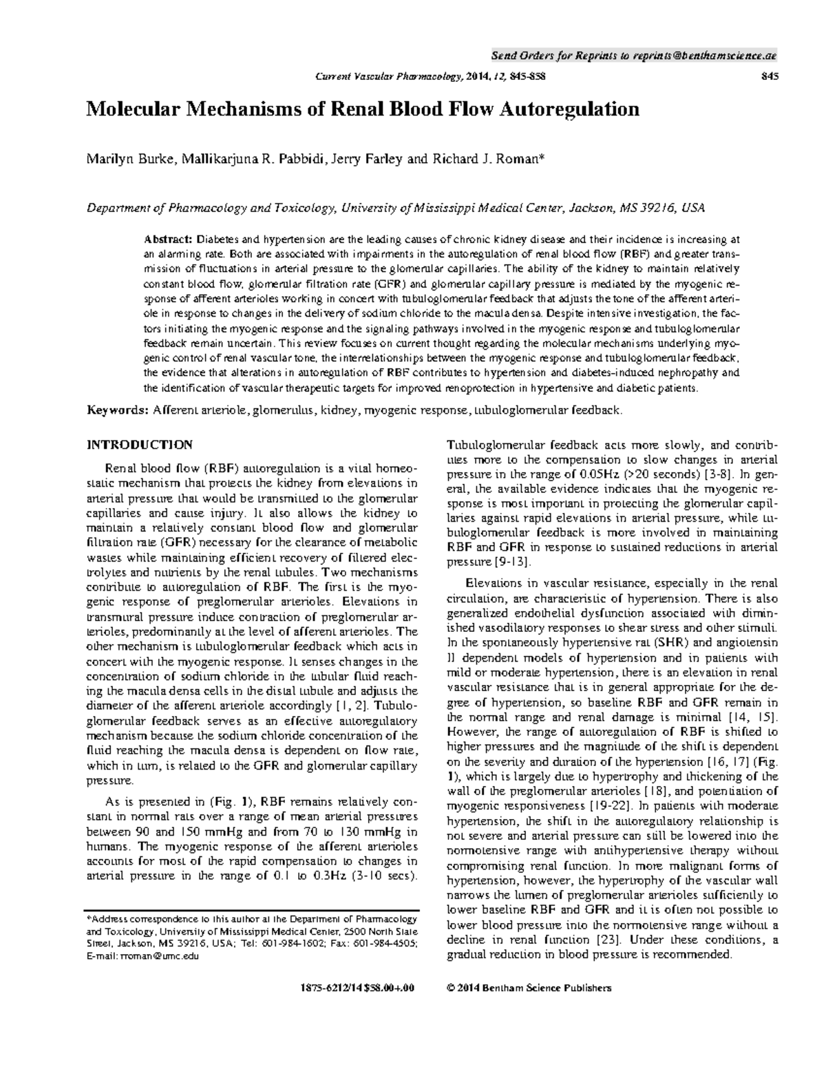 Renal blood flow regulation - Send Orders for Reprints to reprints