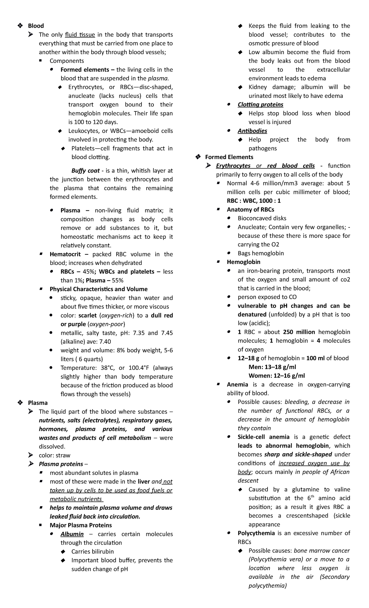 Blood Review Notes - Circulatory system - Blood The only fluid tissue ...