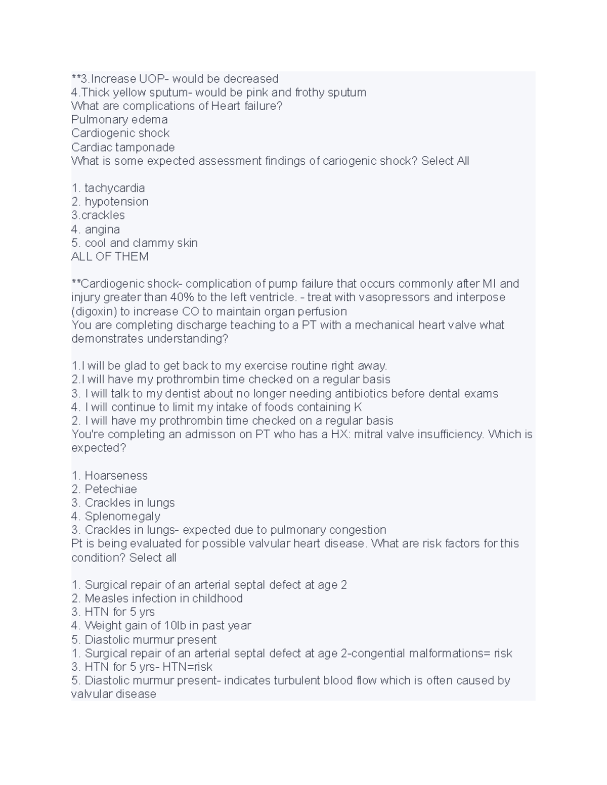Stu 9 - Cardiac at practice material - **3 UOP- would be decreased 4 ...