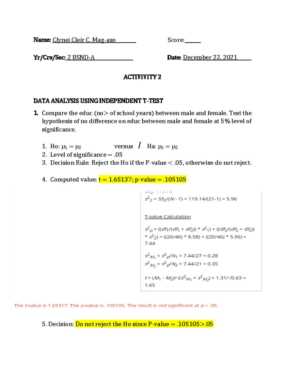 Stat Analysis Activity 2 - Name: Clynei Cleir C. Mag-aso Score: Yr/Crs ...