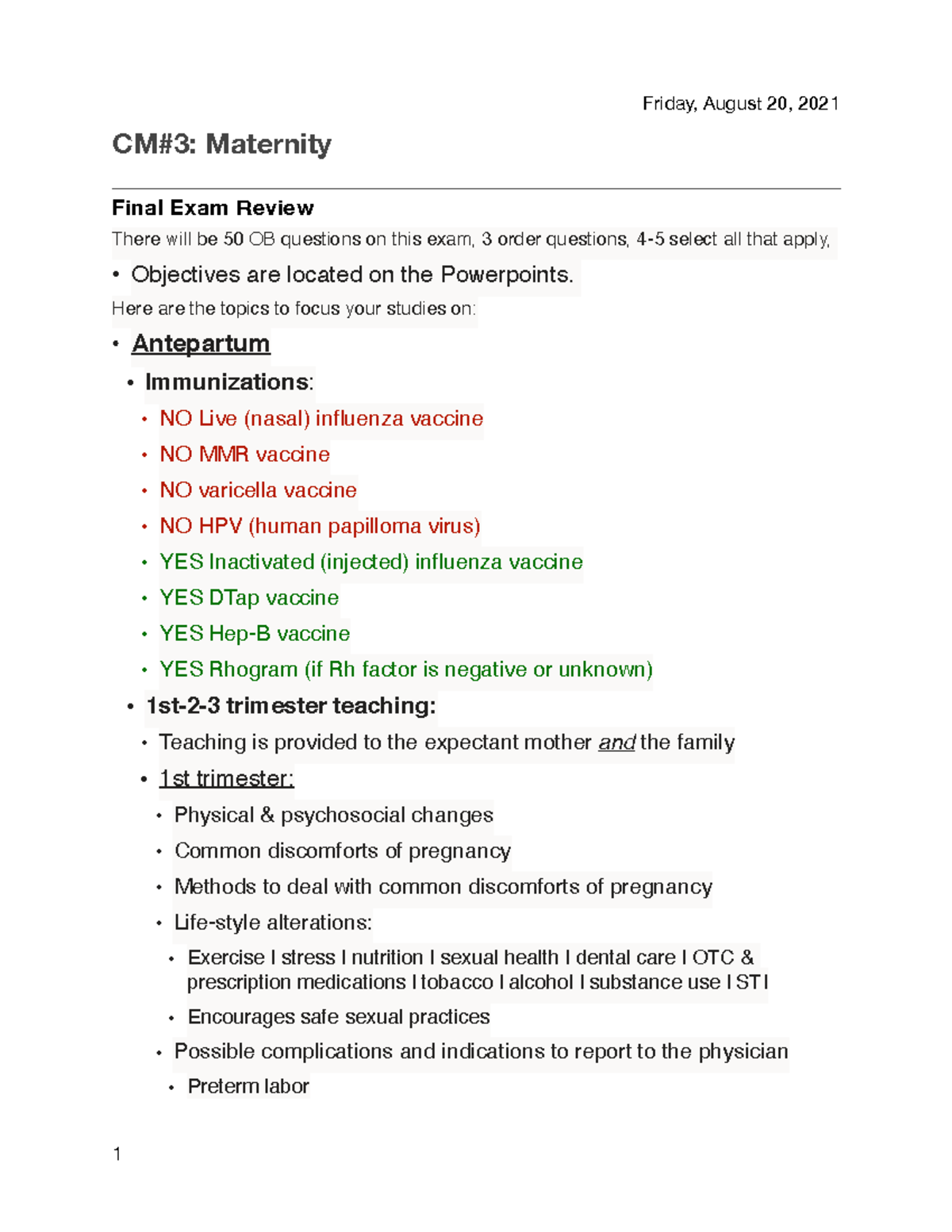 CM#3: Maternity Final exam review - Friday, August 20, 2021 Maternity ...