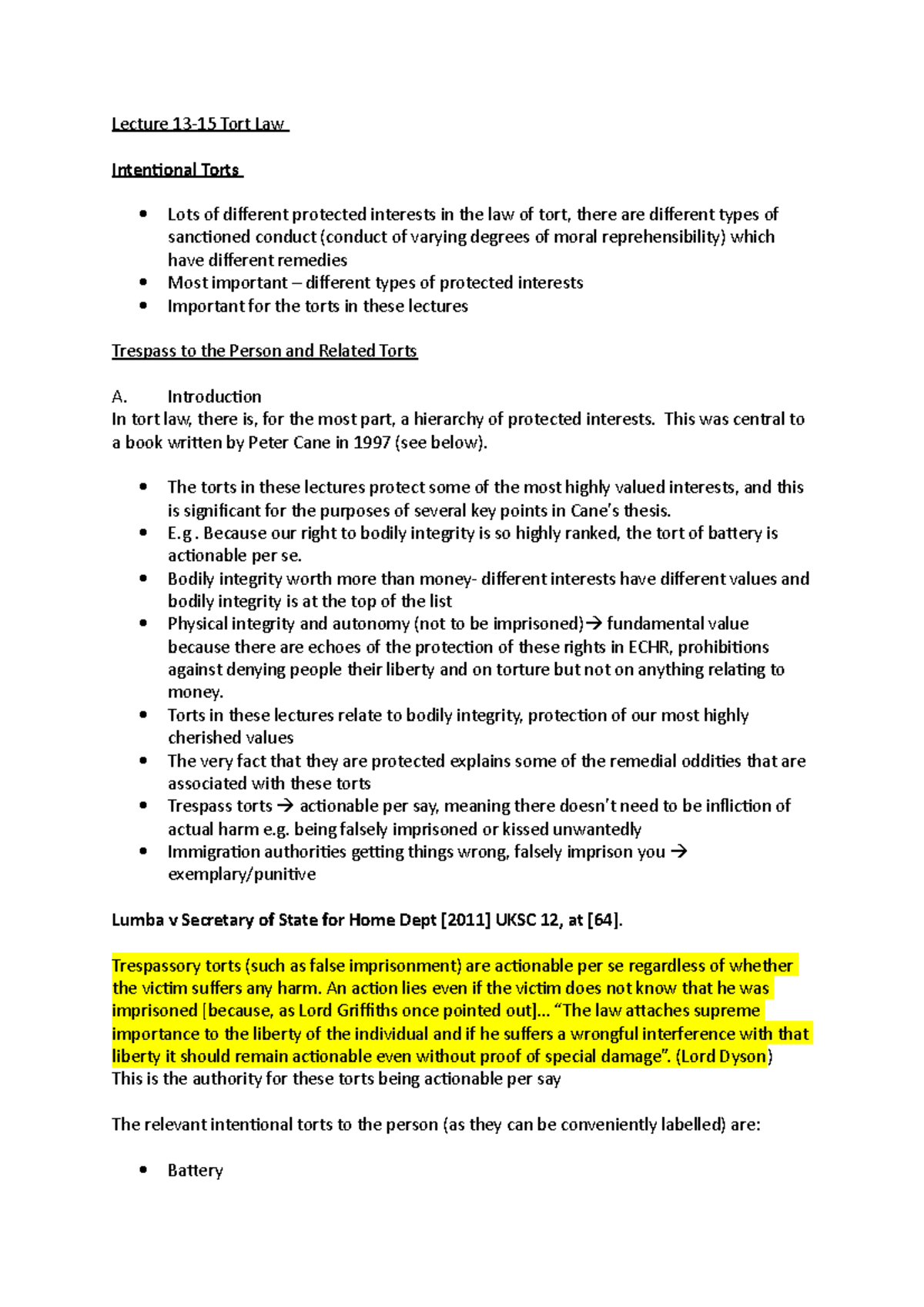 Intentional Torts Lecture Notes - Lecture 13-15 Tort Law Intentional ...