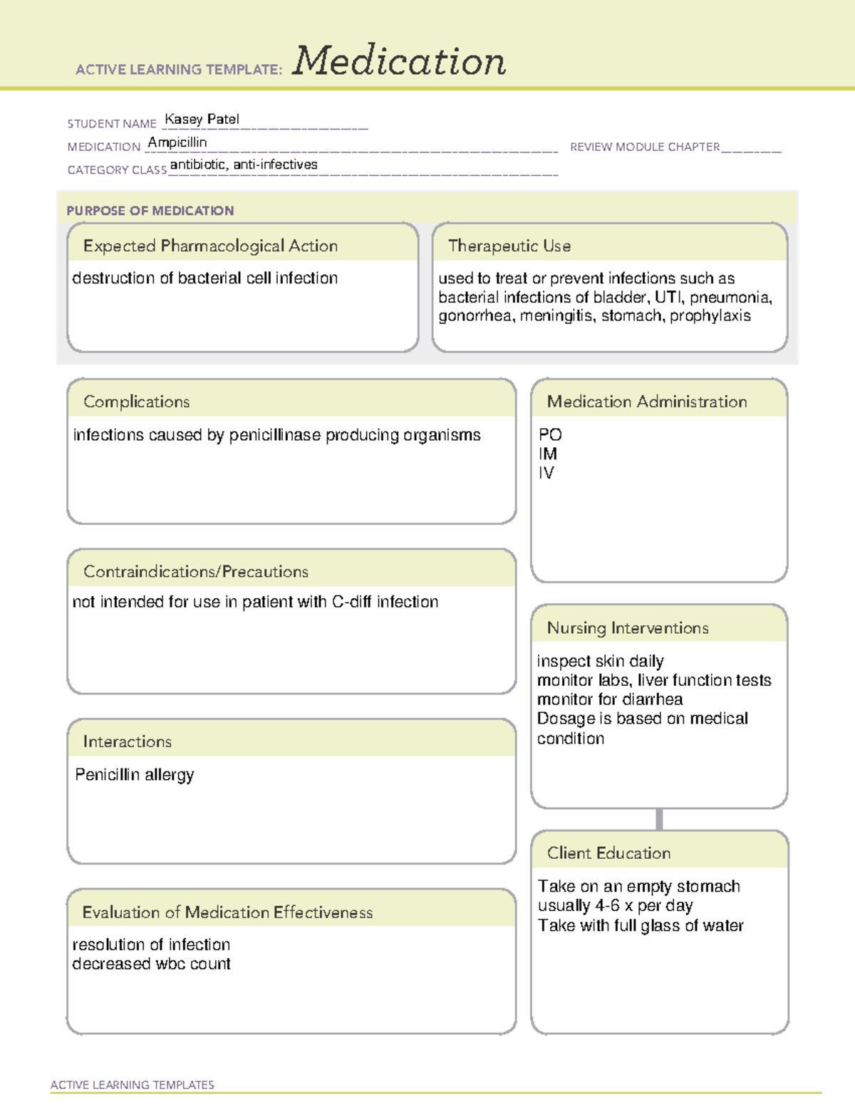 Ampicillin - ACTIVE LEARNING TEMPLATES Medication STUDENT NAME