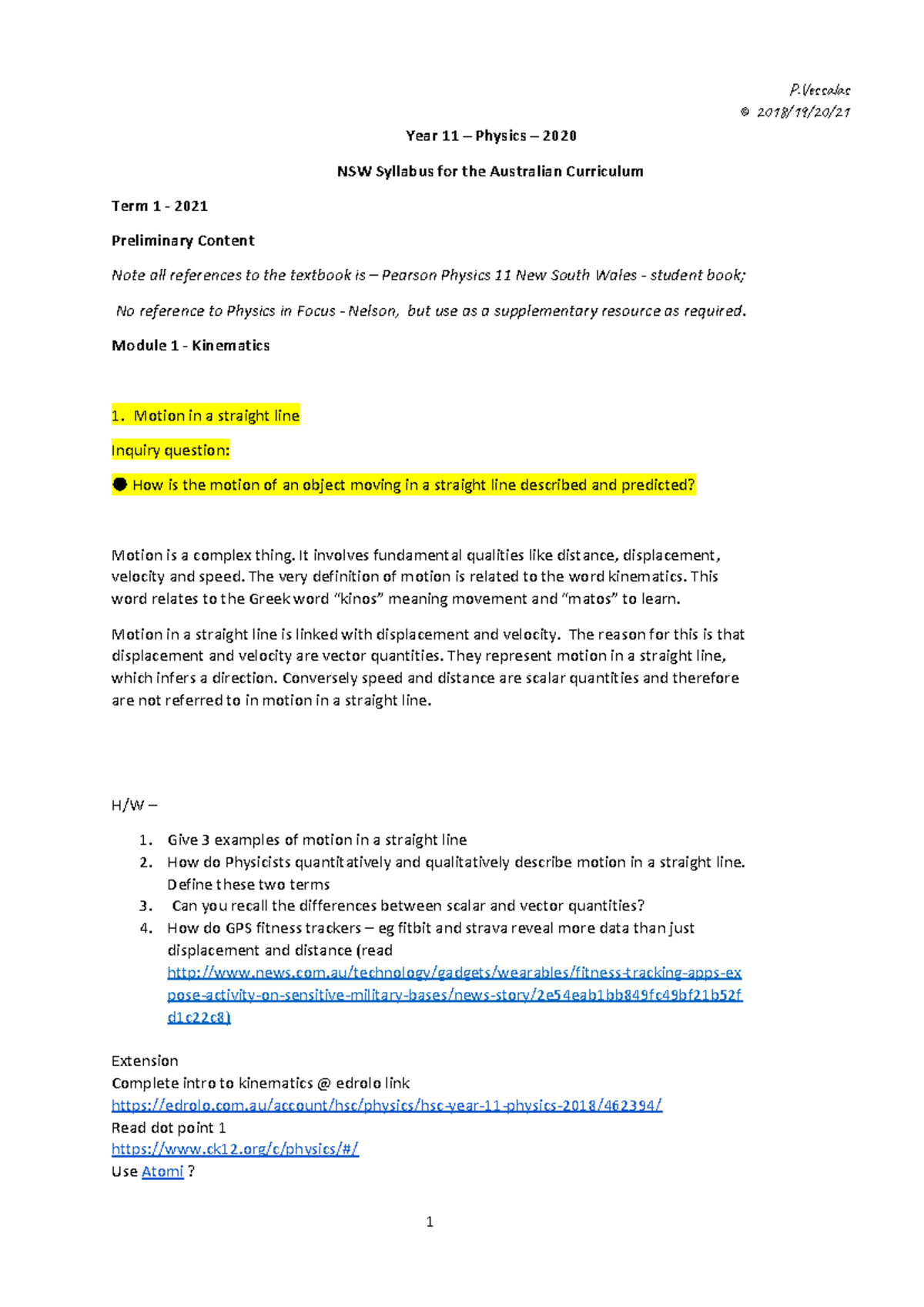 Year 11 Physics Preliminary course Module 1 - Kinematics - © 2018/19/20 ...