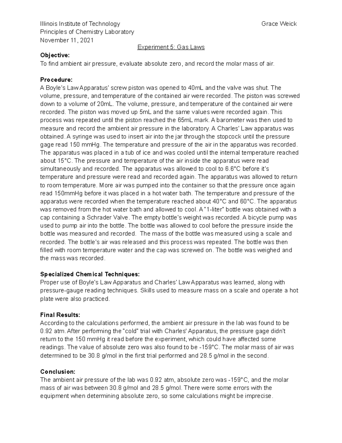 Lab Report 5 Principles Of Chemistry Laboratory November 11 2021