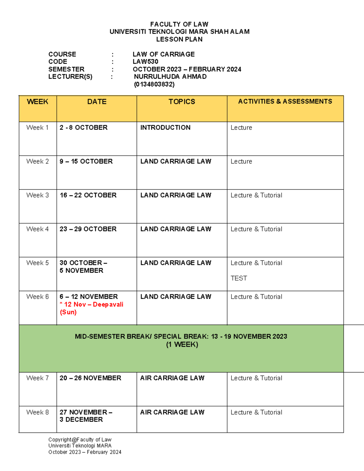 LAW530 Lesson PLAN OCT 2023 - FEB 2024 - FACULTY OF LAW UNIVERSITI ...