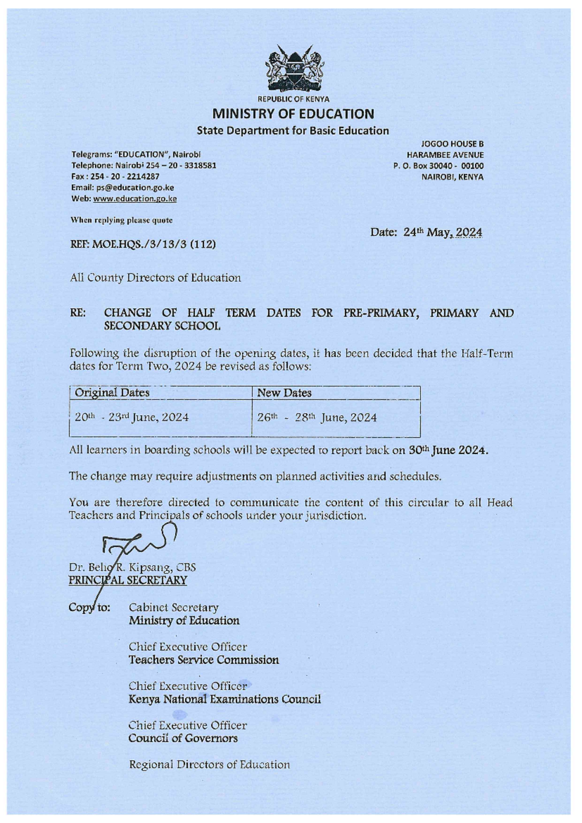 Change OF HALF TERM Dates FOR TERM TWO, 2024 - REPUBLIC OF KENYA