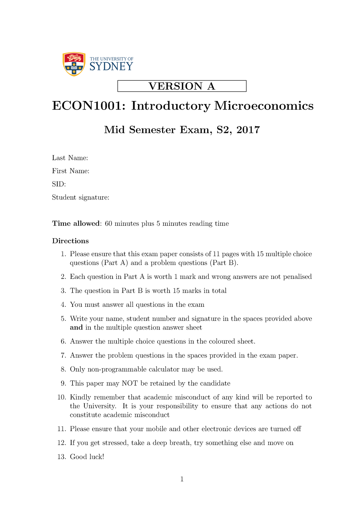 Midterm ECON1001 S217 A - VERSION A ECON1001: Introductory ...