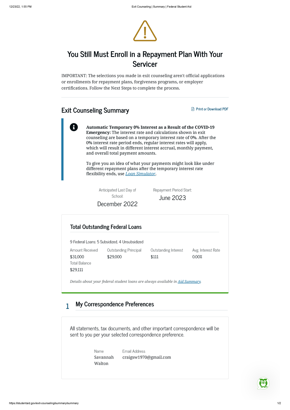 Exit Counseling Summary Federal Student Aid - 12/23/22, 1:55 PM Exit ...