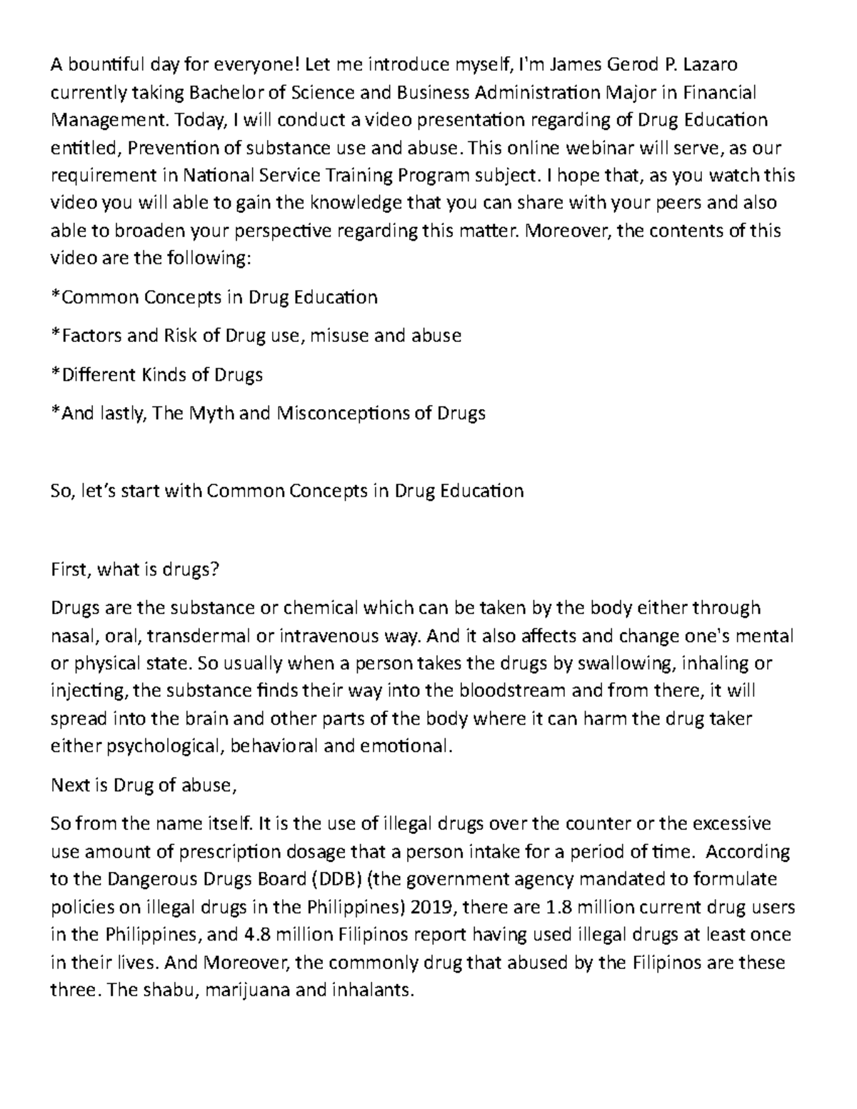 Seminar Script in Substance Use and Abuse Basic Education Studocu