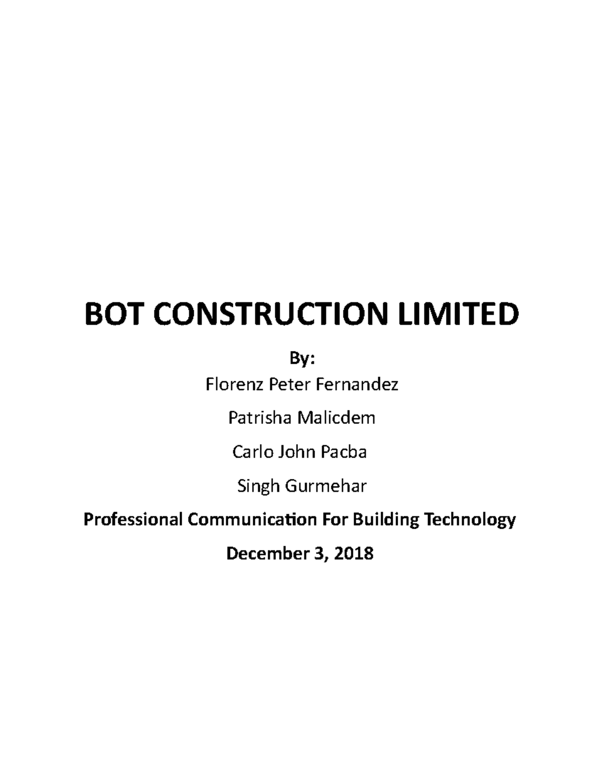 Group Project English 2 - BOT CONSTRUCTION LIMITED By: Florenz Peter ...
