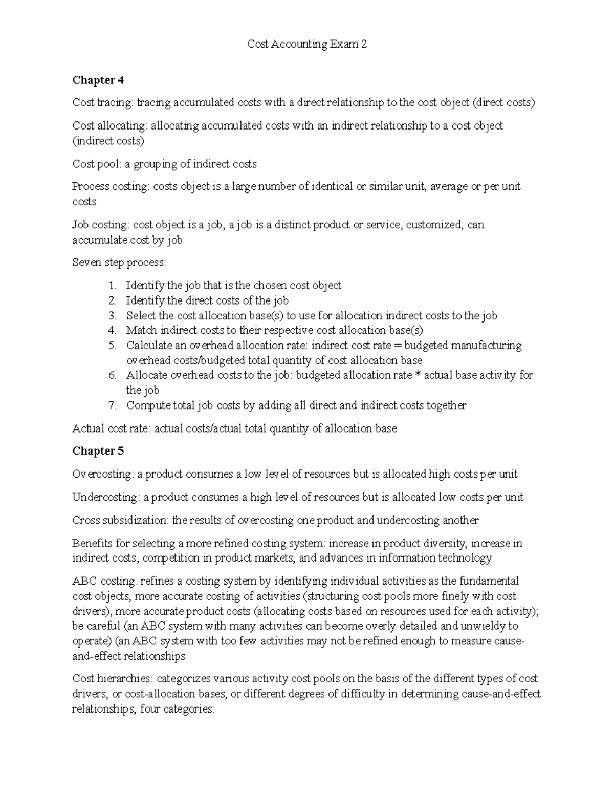 Cost Accounting Exam 2 review Cost Accounting Exam 2 Chapter 4 Cost