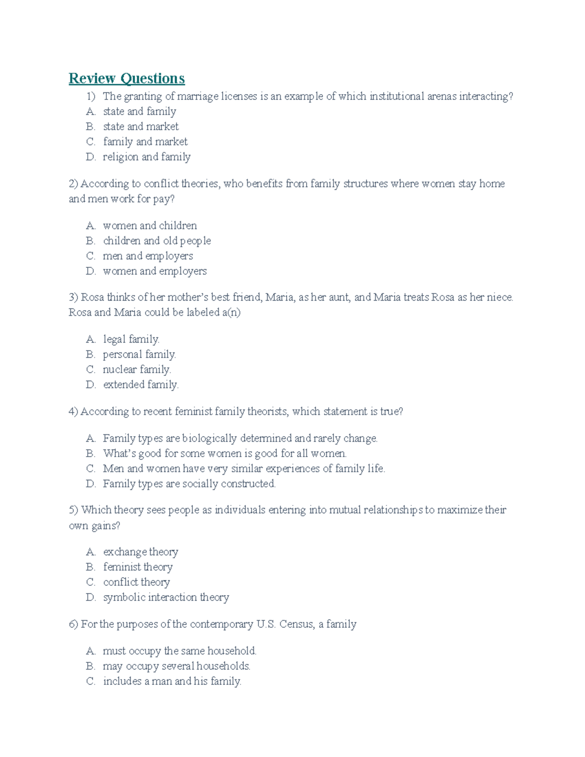 Review Questions For Family Review Questions The granting of marriage