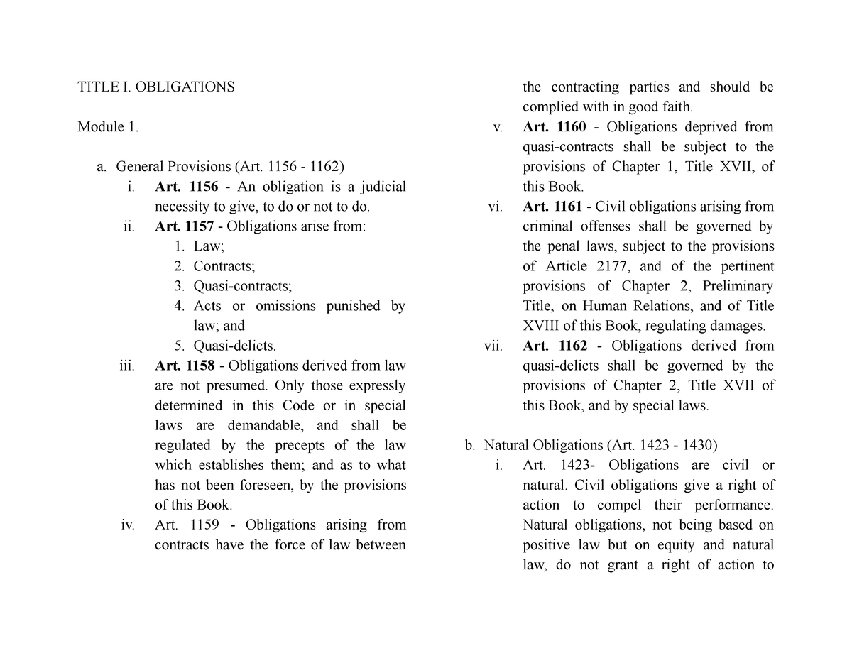 Oblicon Midterms - My Own Lecture Notes - TITLE I. OBLIGATIONS Module 1 ...