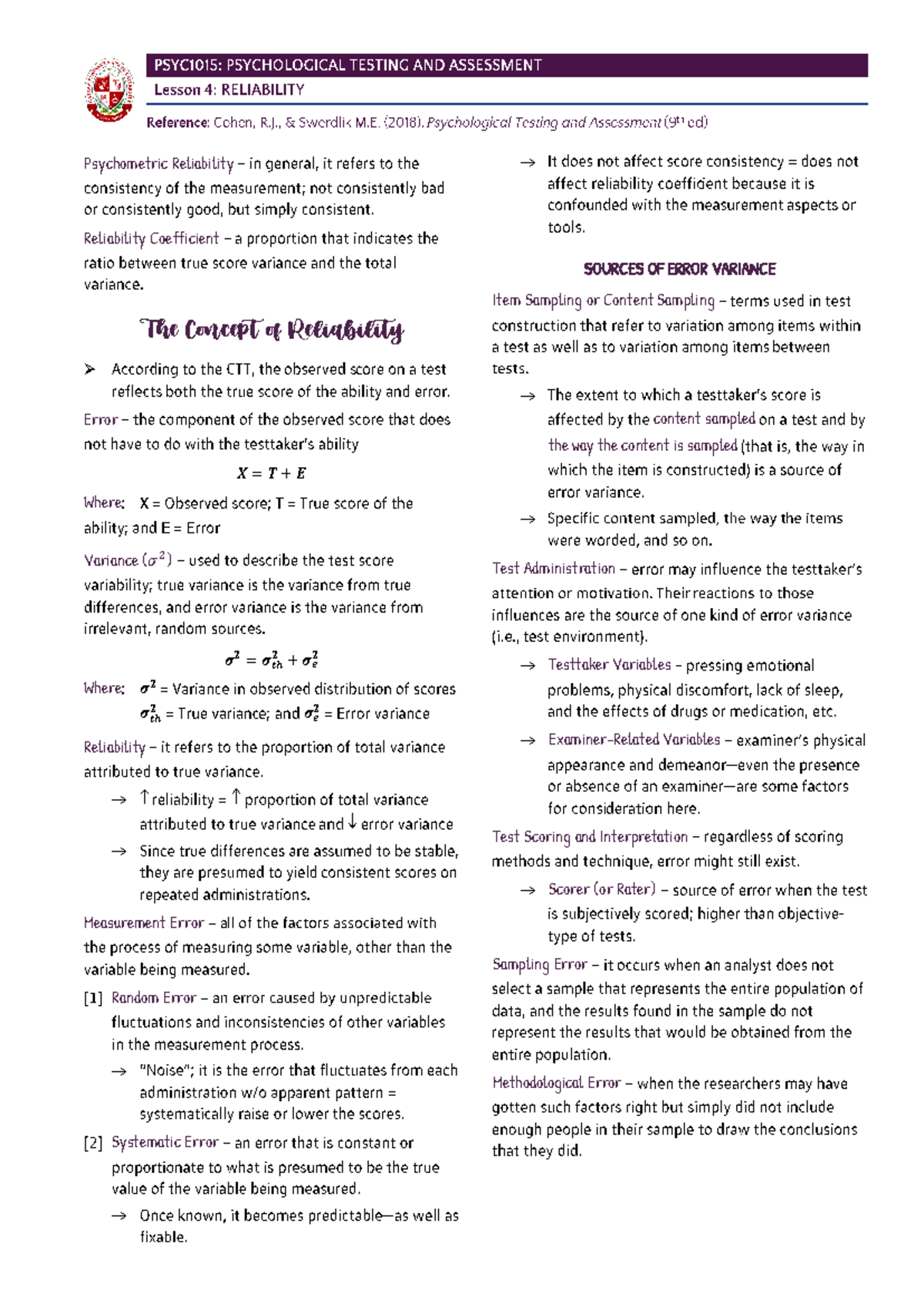 Week 4 - Reliability - reviewer for psych assessment - Psychometric ...