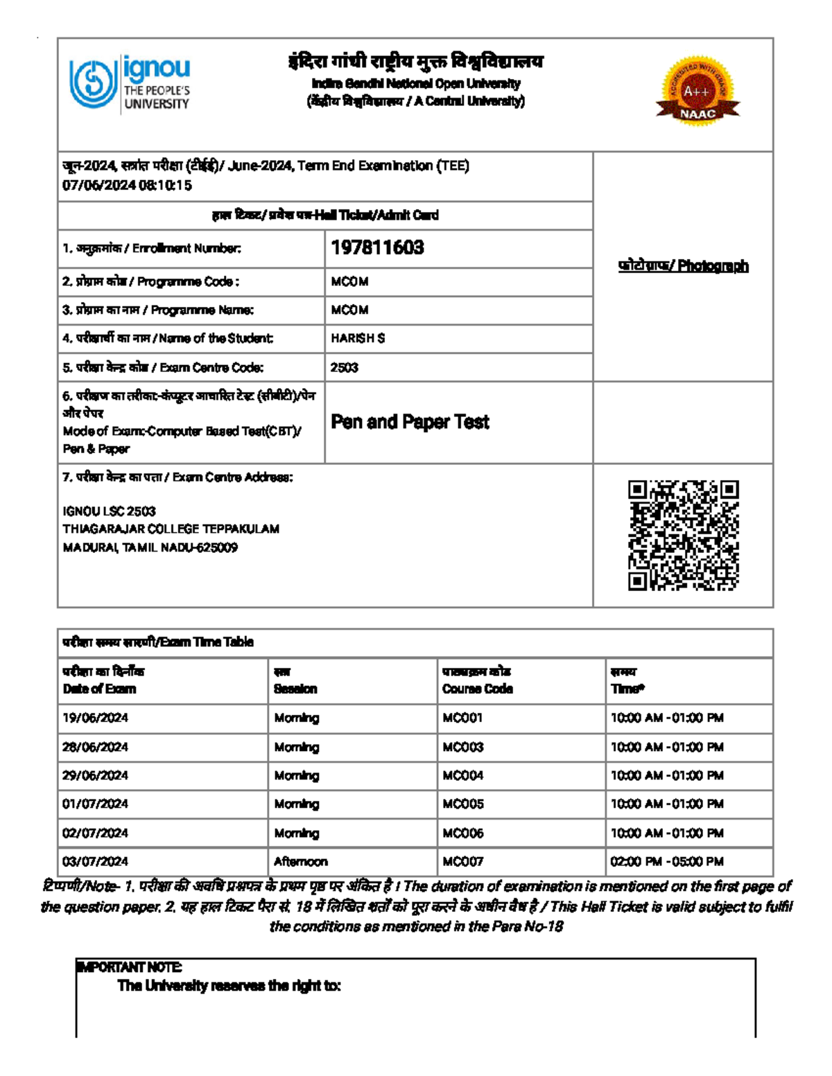 Ignou June2024 HALL Ticket Admit CARD इंदरा गांधी राीय मु ववालय