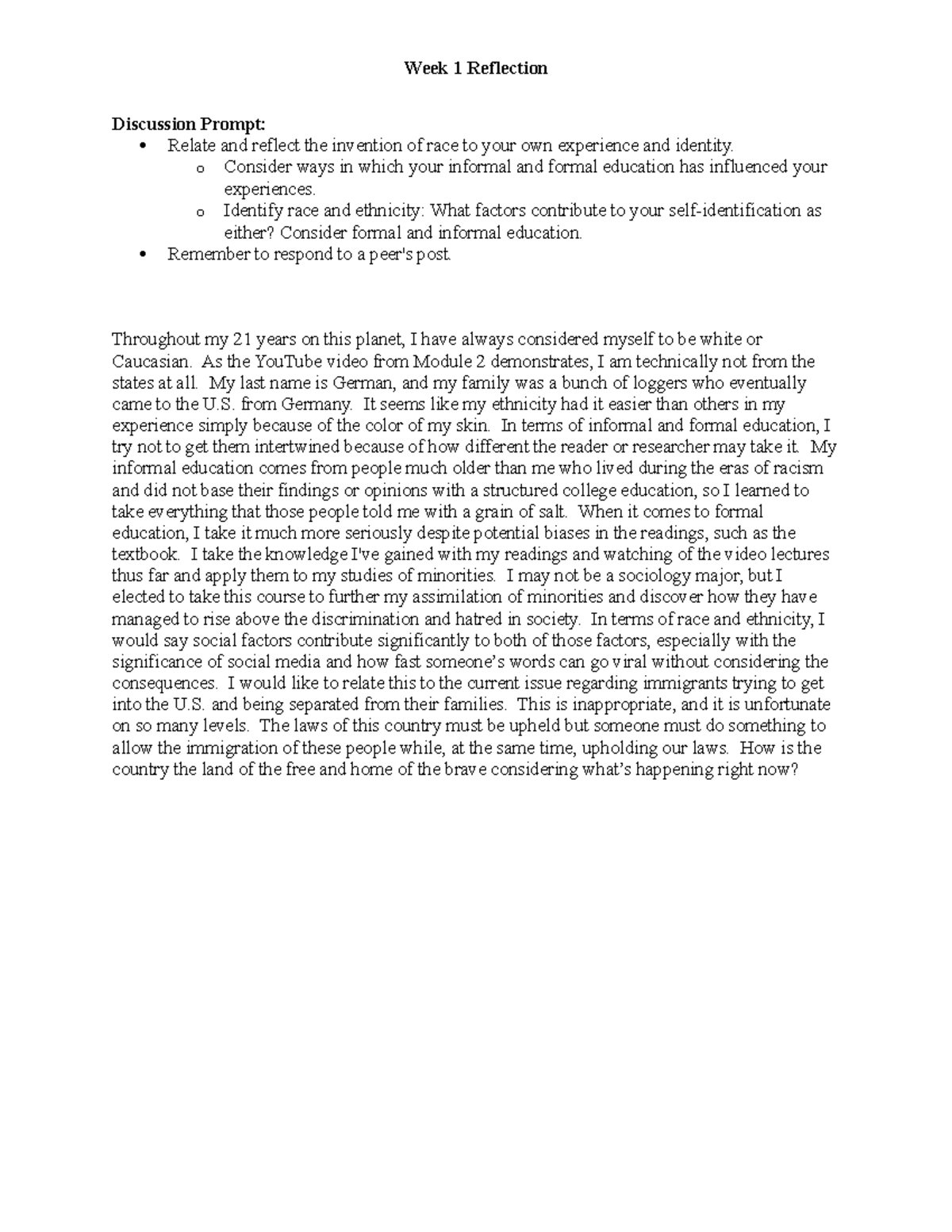 Week 1 Reflection - Week 1 Reflection Discussion Prompt: Relate and ...