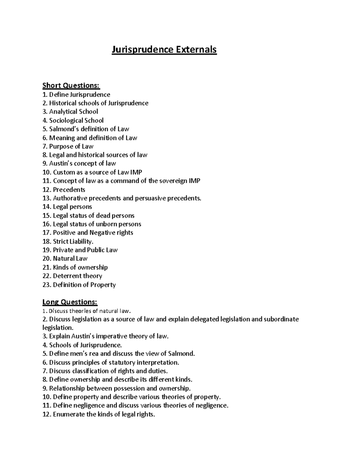 Jurisprudence Externals Jurisprudence Externals Short Questions