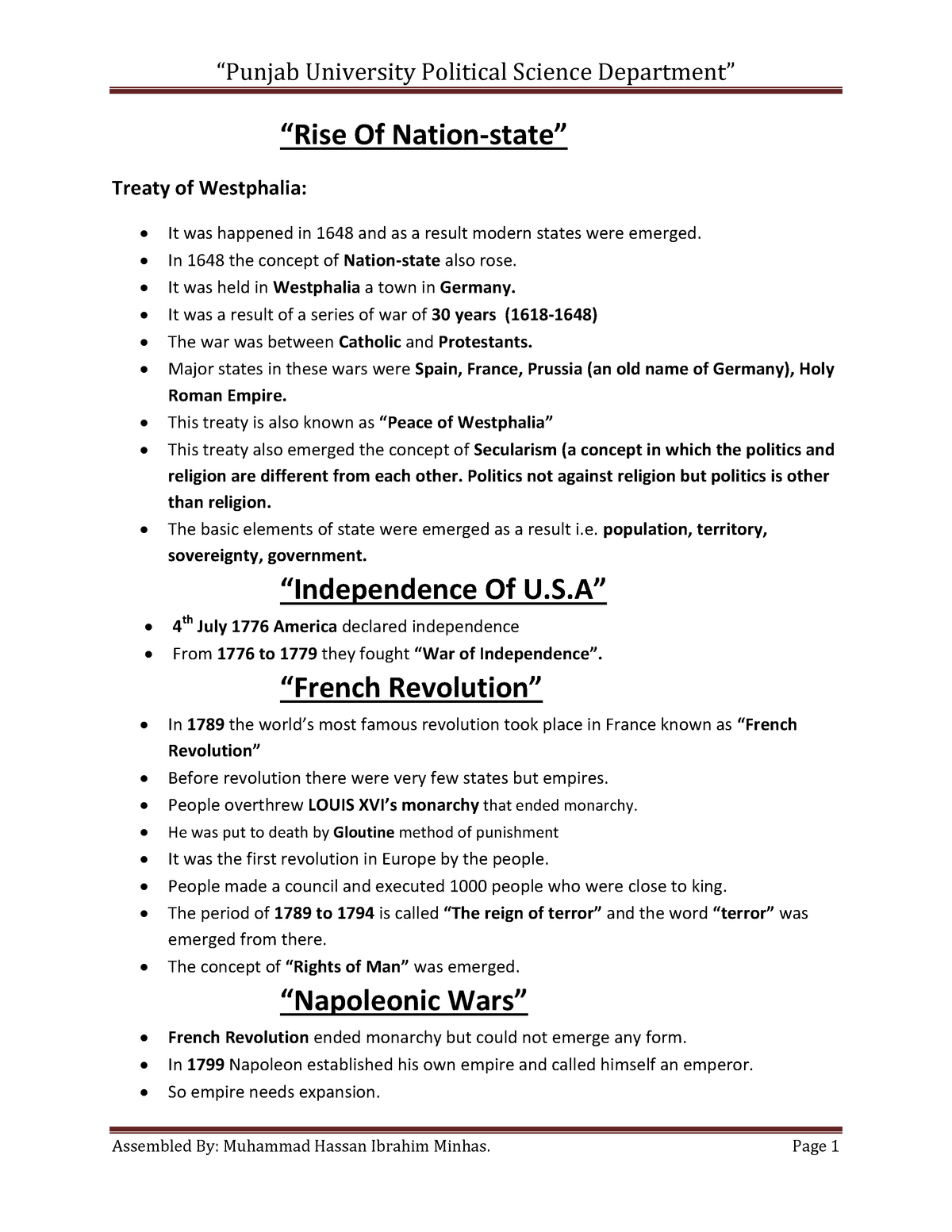 Westphalia To WW II - Lecture Notes 1 - “Punjab University Political ...