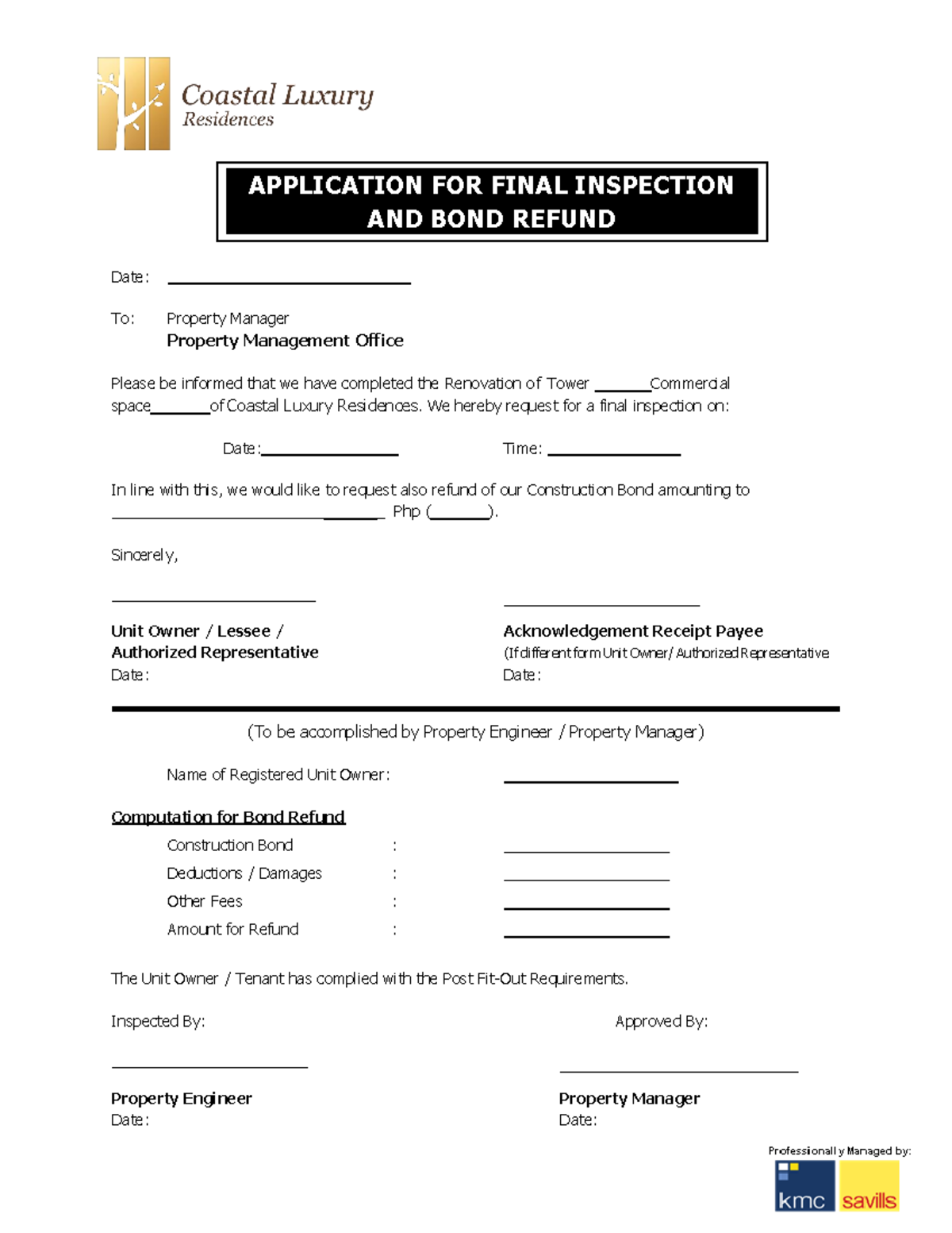 Application for final inspection and bond refund form - Commercial ...