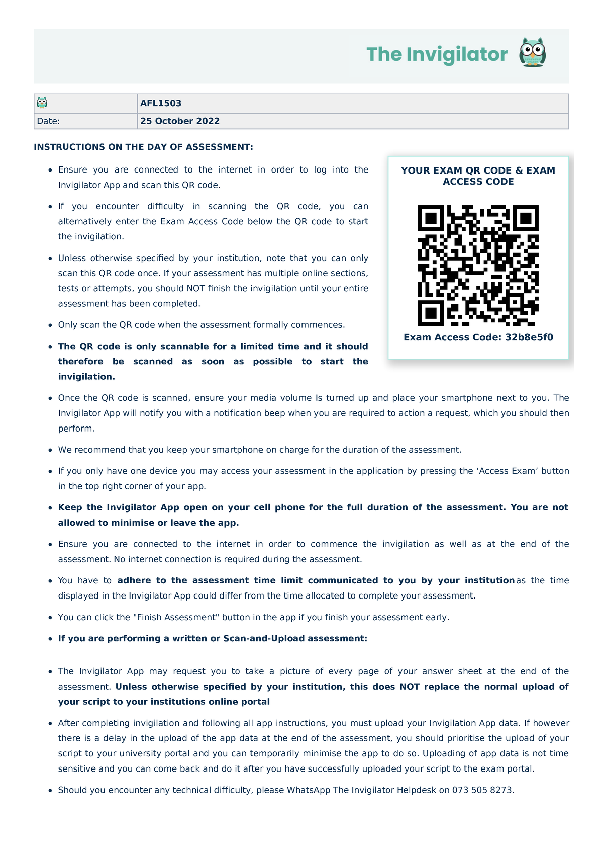 QR Code And Student Instruction Document-AFL1503 - YOUR EXAM QR CODE ...