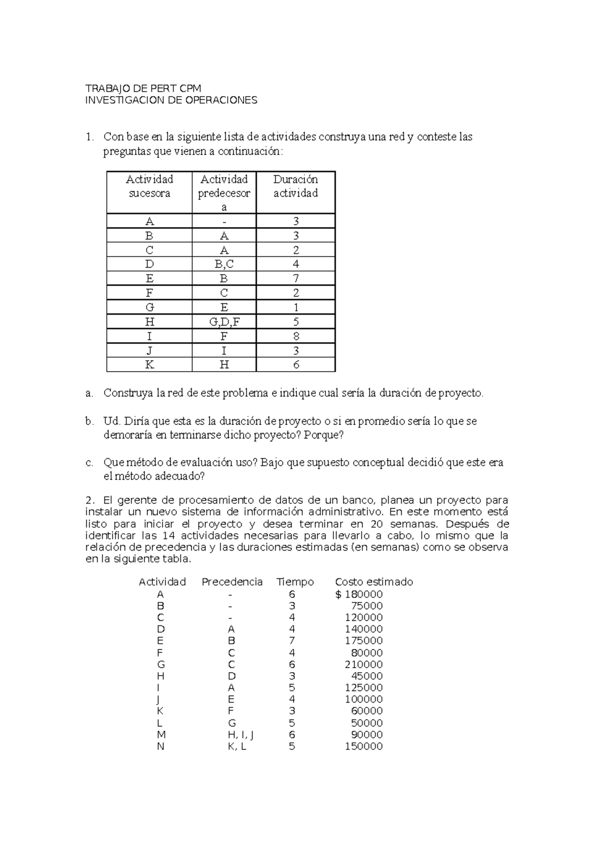 81288244 Ejercicios De Pert Cpm - TRABAJO DE PERT CPM INVESTIGACION DE ...